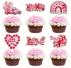 Valentines Day Cupcake Picks, Valentine Cake Toppers - 6 Designs Pink/Red 36pc - Picture 1 of 5