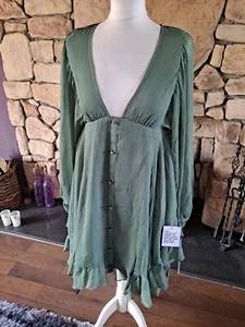 Asos Maternity Button Detail Blousen Sleeve Mini Dress Khaki Size 12 BNWT - Picture 1 of 12