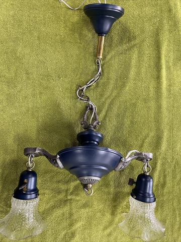 Antique Original Two Arm Satin Blue Restored Pan Light W/ Perfect Glass Shades Cover