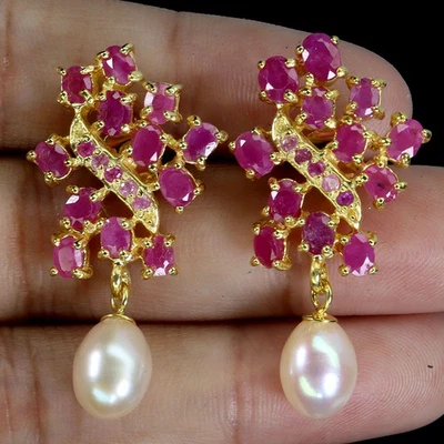 Black Friday 925 Sterling Silver Earrings Oval Ruby 4x3mm Pearl Gemstone Jewelry - Image 1 of 4
