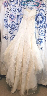 Wedding Dress Lace Tule Long Train Wear Strapless or Strap Ivory Off White - Image 1 of 4