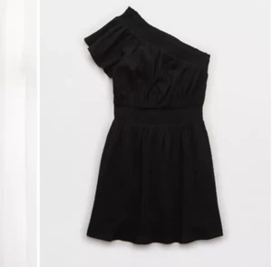 Aerie Womens |L| Black Crinkle Cotton Smocked Waist One Shoulder Dress - Picture 1 of 12