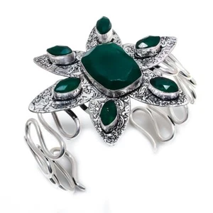 Emerald(Simulated) Gemstone 925 Silver Cuff Bracelet Adjustable R-3965 - Picture 1 of 1