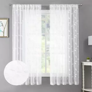 White Leaf Sheer Curtains Leaves Embroidered Living Room Short Curtain Rod - Picture 1 of 10