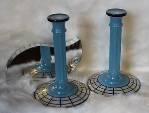 Vintage WESTMORELAND KERZENLEUCHTER Art Deco gebrannt auf blau schwarzem Rand 9" 2-teiliges Set - Bild 1 von 5