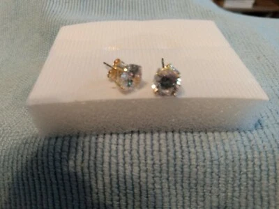 Stud Earrings; White Diamond Simulant 6mm Stones 18k Yellow Gold Over Silver - Image 1 of 4