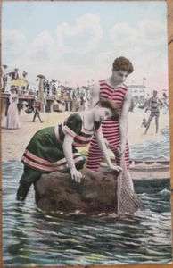 Bathing Beauty and Young Man Fishing 1912 Risqué Postcard - Picture 1 of 1