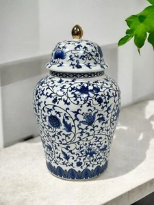 Clayre & Eef Deckelvase Vase Blumenvase Porzellan Ranken Blüten 21cm Blau - Bild 1 von 10