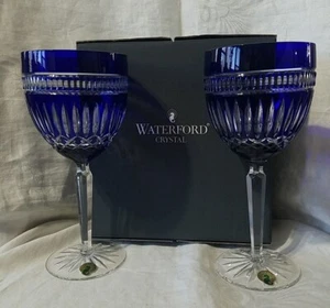 2 Waterford Crystal Serenity Sapphire Blue Cut To Clear Water Goblet New In Box  - Picture 1 of 8