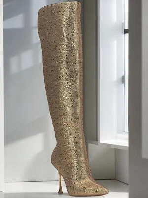 I.N.C. Botas femininas International Concepts Saveria 5 strass altas douradas novas na caixa - Imagem 1 de 4