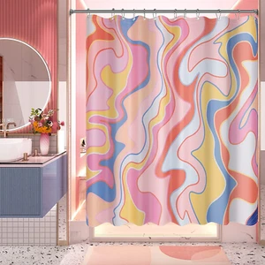 72x72 Shower Curtain - Abstract Retro Pink Fabric Shower Curtain Set w/ 12 Hooks - Picture 1 of 9