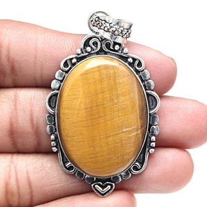 Pendant Tiger's Eye Gemstone Handicraft Valentine'Day Gift Silver Jewelry 2" - Picture 1 of 7