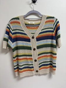 Adora Striped Knit Cardigan S/M Short Sleeve Button Front Crochet Boho Retro - Picture 1 of 5