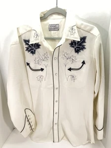 H Bar C Mapleton Pearl Snap Shirt Men Size Large 16 Ivory Embroidered VTG USA - Picture 1 of 15