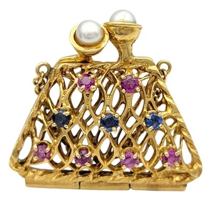 Ruby, Sapphire & Pearl Mini Coin Purse with Chain Strap Charm /Pendant 14K Gold - Picture 1 of 8