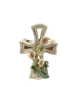 Vintage 2002 Blue Sky Clayworks Heather Goldminc 7" Ceramic Cross Calla Lilies - Picture 1 of 6
