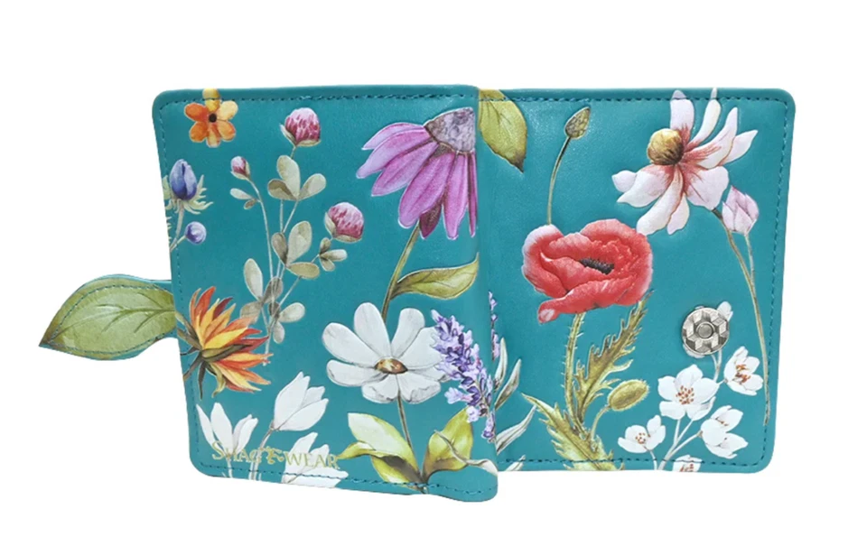 Shag Wear Summer Wild Flowers Small Women’s Wallet, Vegan Faux Leather Teal 4.5" - Image 1 of 3
