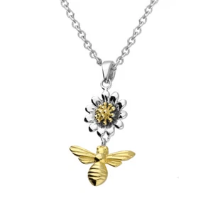 Lucky Solid 925 Sterling Silver Bumble Bee Daisy Flower Pendant Necklace - Picture 1 of 1