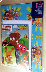 BNIP Nuevo Moshi Monsters Juego de Envoltura de Regalo - 1 Hoja de Papel 1 Etiqueta 1 Tarjeta 1 Sobre - Imagen 1 de 3