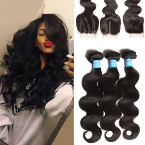 3 Bundles Brazilian Body Wave Human Hair Wefts Hair Bundle with Lace Closure 4x4 - Picture 1 of 18