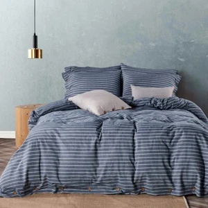 NEW West Elm Blue White Striped King Size Linen Cotton Bedding Duvet & Sham Set - Picture 1 of 12