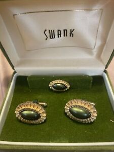 VINTAGE SWANK GREEN MOONSTONE GOLD TONE CUFFLINKS NIB Men’s Jewelry MCM