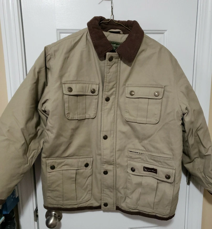 Boy's Vintage Eddie Bauer Tan Full Zip with Snaps Corduroy Trim Coat Size 10/12 - Image 1 of 4