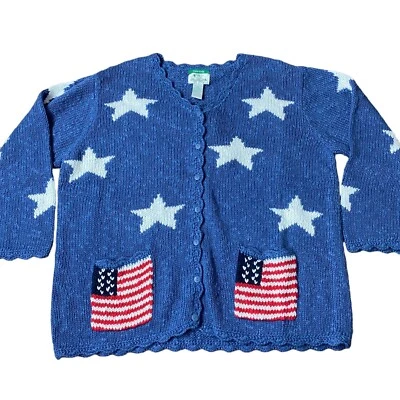 Quacker Factory Hand Knit Cardigan Plus 1X USA American Patriotic Flag Blue Red - Image 1 of 4