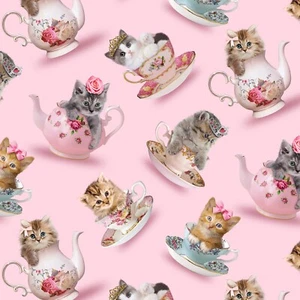 Feline Drive Fabric TEACUP KITTY Cat Kitten in Cups Pink Fat Quarter (18x22") FQ - Picture 1 of 8