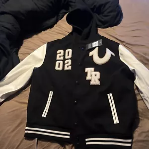 Mens True Religion Black Hooded Varsity Jacket Size XL - Picture 1 of 3