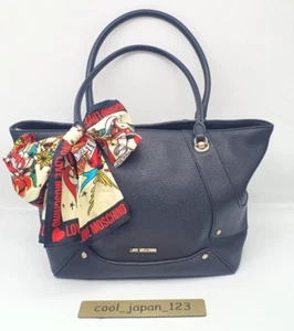 Love Moschino Leather Scarf Tote Shoulder Bag Black with Silver Studded Auth - Picture 1 of 24