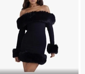 House Of Cb Dress Black Stretch Short Faux Fur Trim New Size L - Picture 1 of 11