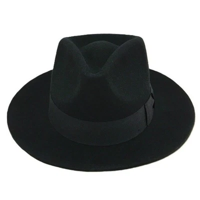Mens Black Wool Wide Brim Fedora Felt Trilby Hat - Image 1 of 4