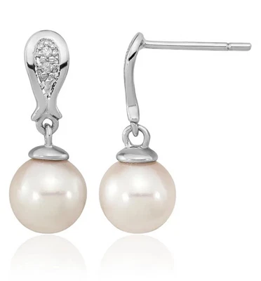 14K Solid White Gold 7mm Round Akoya Saltwater Cultured Pearl Diamond Dangle ... - Image 1 of 4