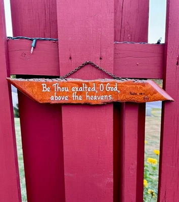 17” Hand Painted Real Tree Wood Wall Plaque w/ Chain Bible Psalms 108:5 Vintage - Image 1 of 3