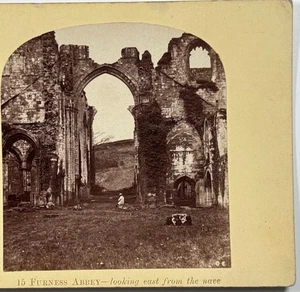 15 Furness Abbey - Guardando a est dalla navata storica cartolina stereo d'epoca - Foto 1 di 4