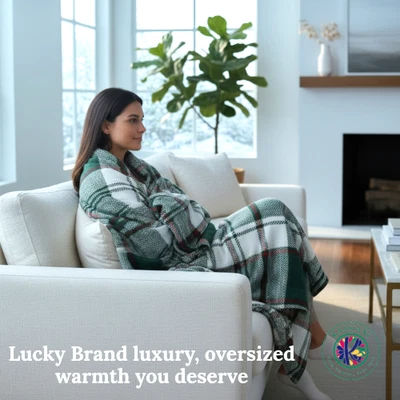 Lucky Brand Oversized King Plush Blanket 108"x90" Plaid White Red Green-Holiday - Image 1 of 4