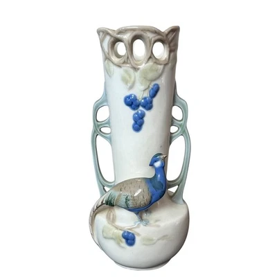 Jarrón de cerámica vintage faisán pájaro uvas estilo Art Nouveau decoración del hogar 9" Foto 1 de 4