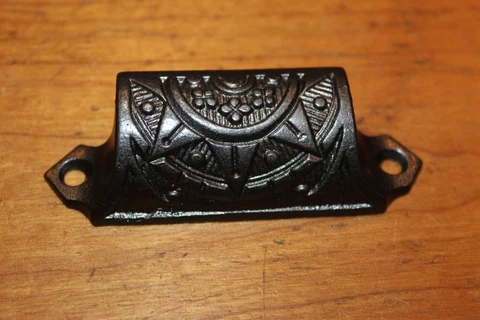 Antique Victorian Cast Iron Detailed Bin Apothecary Cupboard Drawer Pull L-117 Cover