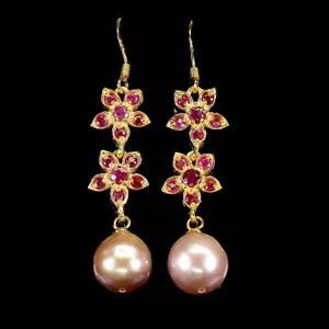 Summer 925 Silver Earrings Round Ruby Pearl Flower Natural Gemstone Jewelry - Picture 1 of 14