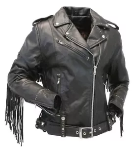 Women's Real Leather Fringe Jacket-Western Style Native American Fashion Black - Picture 1 of 4