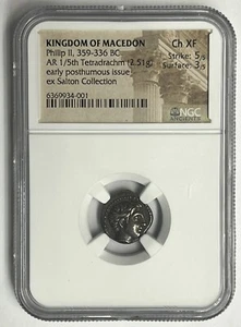 Macedonia, Filippo II 359-336 a.C. 1/5 Tetradracma NGC CHXF Alessandro III papà NUOVO - Foto 1 di 6