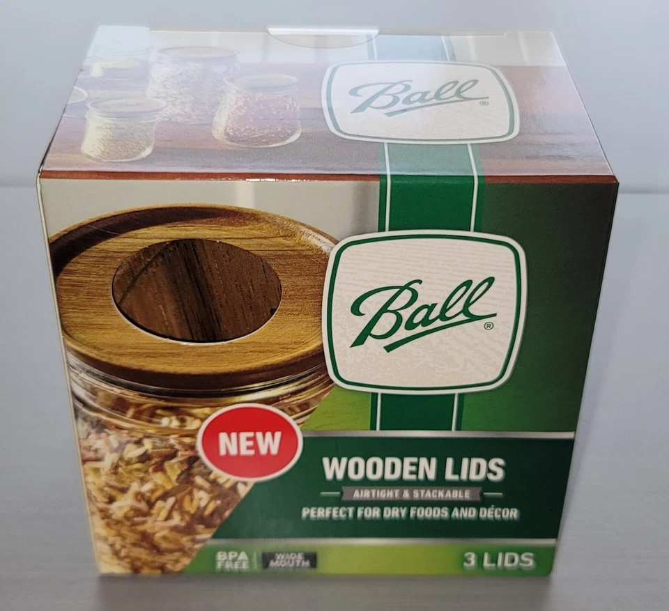 Tapas de madera BOLA (caja de 3) para frascos de albañil de boca ancha ~ herméticas ~ ¡NUEVAS Y SELLADAS! Foto 1 de 4