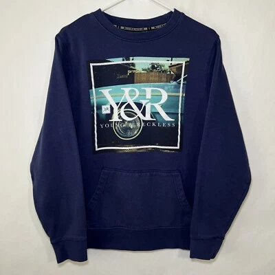 Young & Reckless Crewneck Sweatshirt Mens Size Large Navy Blue Fleece LS Skater - Image 1 of 4
