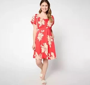 Anybody Petite Woven Printed Puff Sleeve Dress Hibiscus Floral Petite Medium - Picture 1 of 7