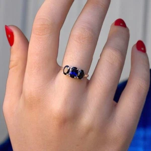 14k White Gold Diamond and Blue Sapphire Oval Cut Ring 2.25 Ct Lab Grown Wedding - Picture 1 of 11
