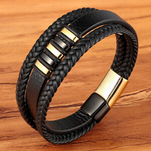 Real Leather Wristband Men's Braided Black and Gold Bracelet Magnetic Clasp
