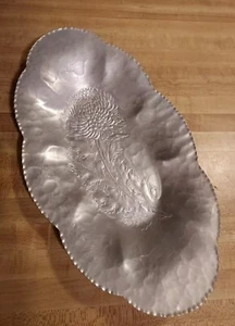 Vintage CONTINENTAL Mark Hand Wrought Hammered Chrysanthemum Flower Oval Tray - Picture 1 of 11