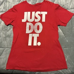 NIKE TEE JUST DO IT ATHLETIC CUT CREW NECK RED WHITE TSHIRT MEDIUM PREOWNED Mens - Picture 1 of 4
