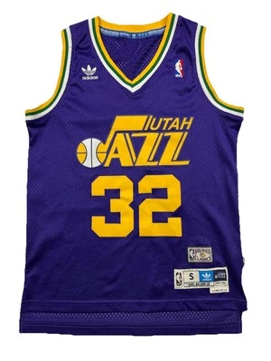 Camiseta masculina pequena rara vintage NBA Adidas HWC Utah Jazz Karl Malone #32 1985-86 - Imagem 1 de 4